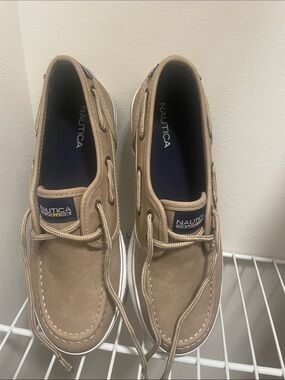 Nautica  Boy’s Tan Canvas Boat Shoes with Navy Insoles